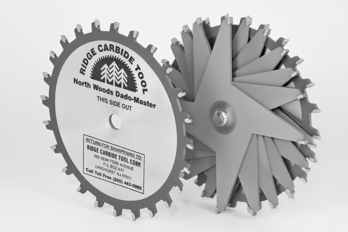 A set of dado blades and chipper blades for a table saw, with varying sizes displayed against a white background.